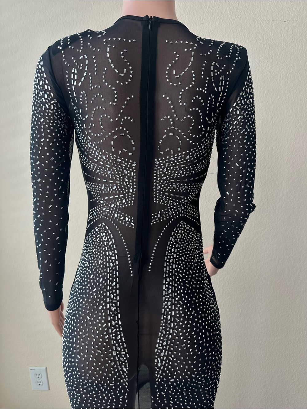 Brand New! Black Long-Sleeve Mesh Dress with Crystal Embellishment | Medium